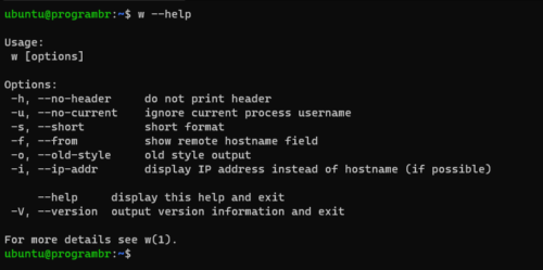 w --help command in Linux