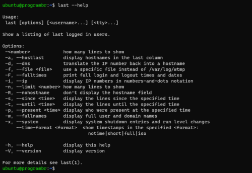 last --help command in linux