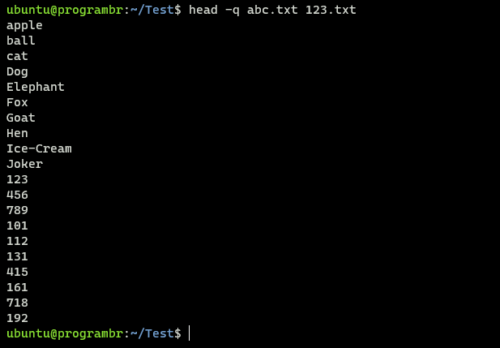 head -q file1 file2 command in Linux
