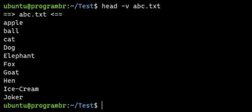 head -v filename command in Linux