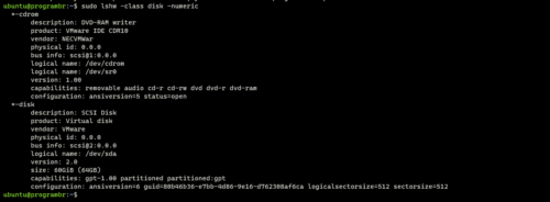 sudo lshw -class disk -numeric command in linux
