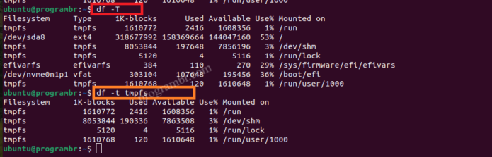 df -t tmps command in Linux