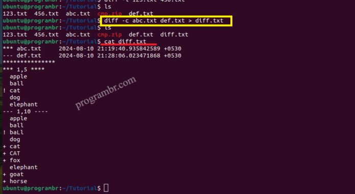 diff -c abc.txt def.txt -def.txt command in Linux