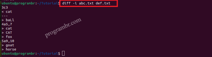 diff -i abc.txt def.txt command in Linux