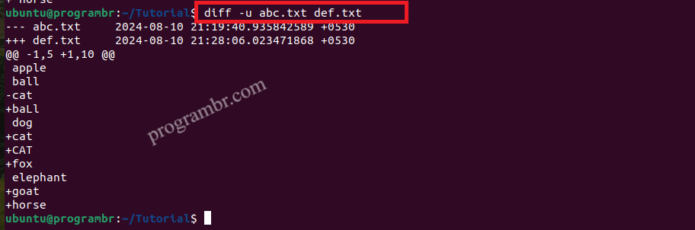 diff -u abc.txt def.txt command in Linux