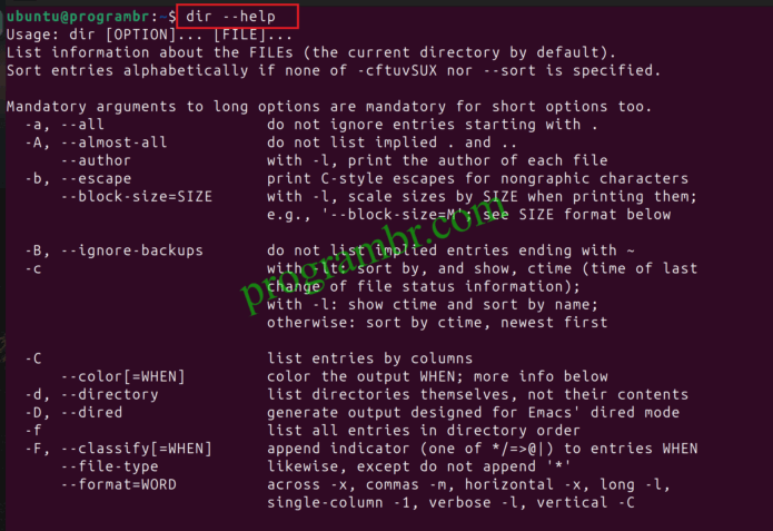dir - help command in Linux
