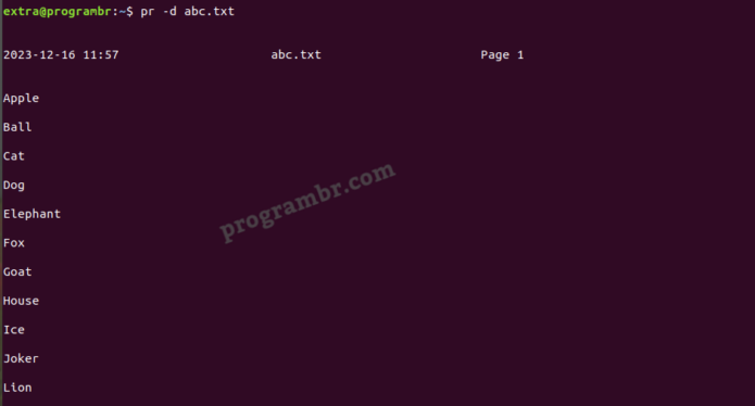 pr -d filename command in linux