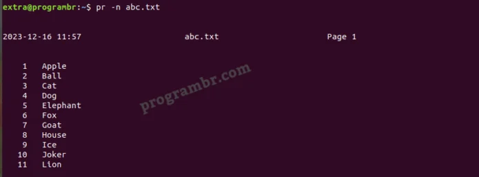 pr -n filename
