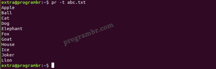 pr -t filename command in linux